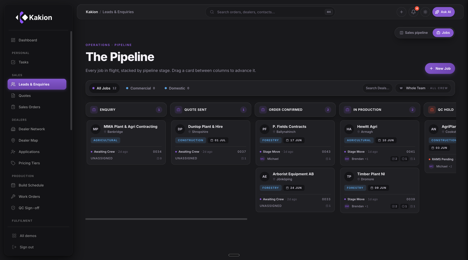 Kakion jobs pipeline showing enquiries tracked by stage with an open quote