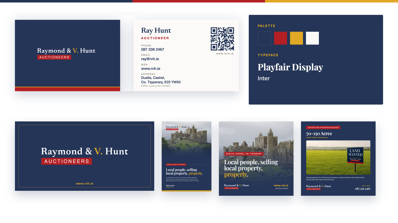 The Raymond & V. Hunt brand identity, showing the logo, business card, colour palette and property signage.