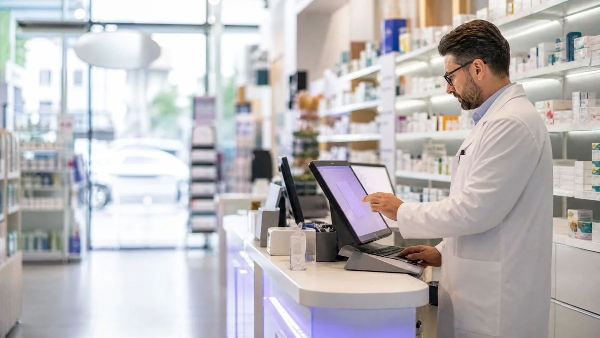 Pharmacist reviewing dashboard analytics in a pharmacy