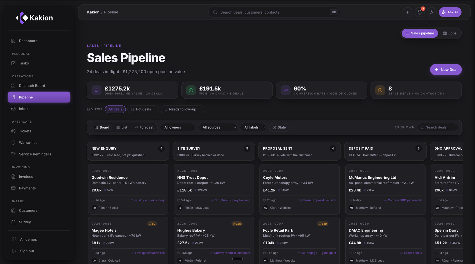 Kakion CRM pipeline and quoting screen on a laptop
